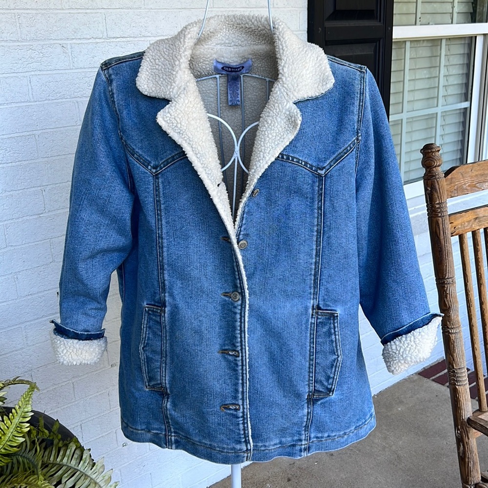Old Navy blue Jean jacket with shearling trim Sz xxl